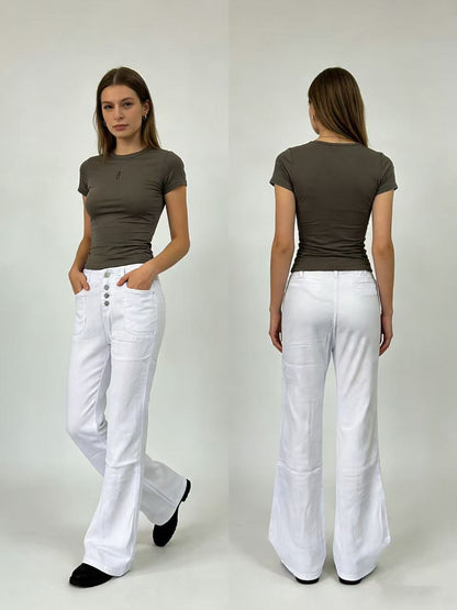 Damen Jeans Bootcut High Waist Knopfleiste