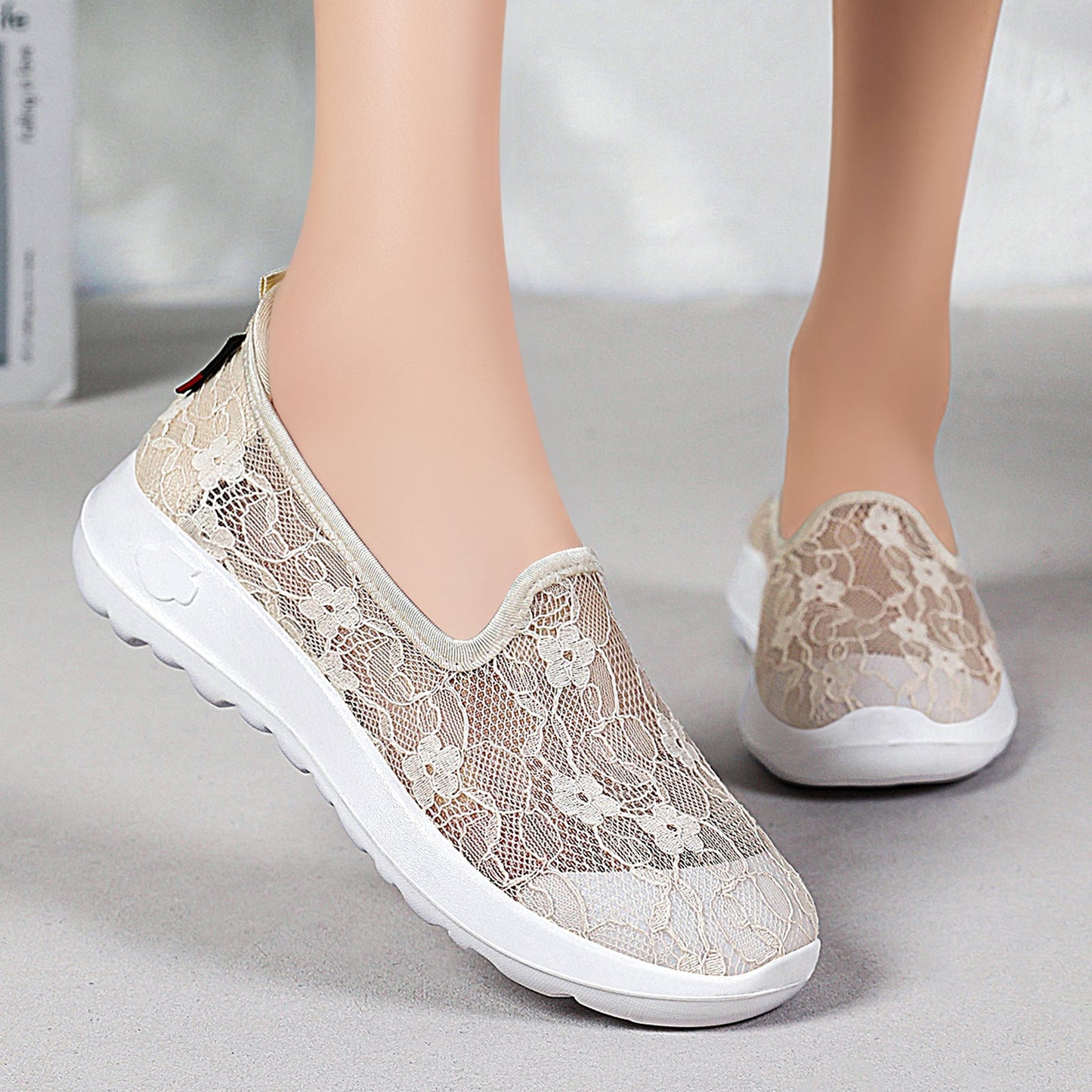 Damen Slip-On Schuhe Blumen Spitze Freizeit