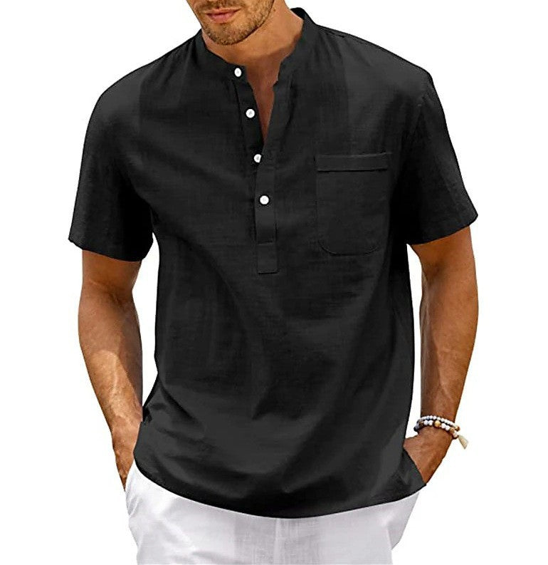 Herren Hemd Kurzarm Modern Henley Kragen mit Brusttasche