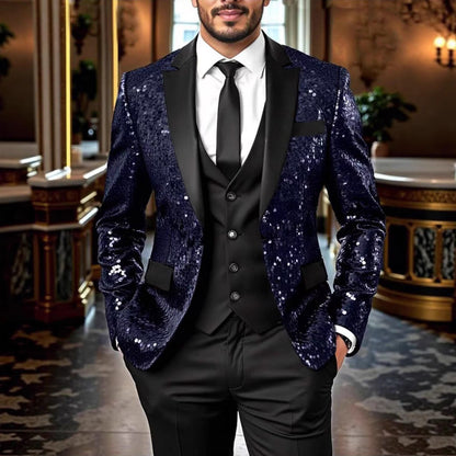Herren Blazer Pailletten Elegant Modern Schwarzer Anzug