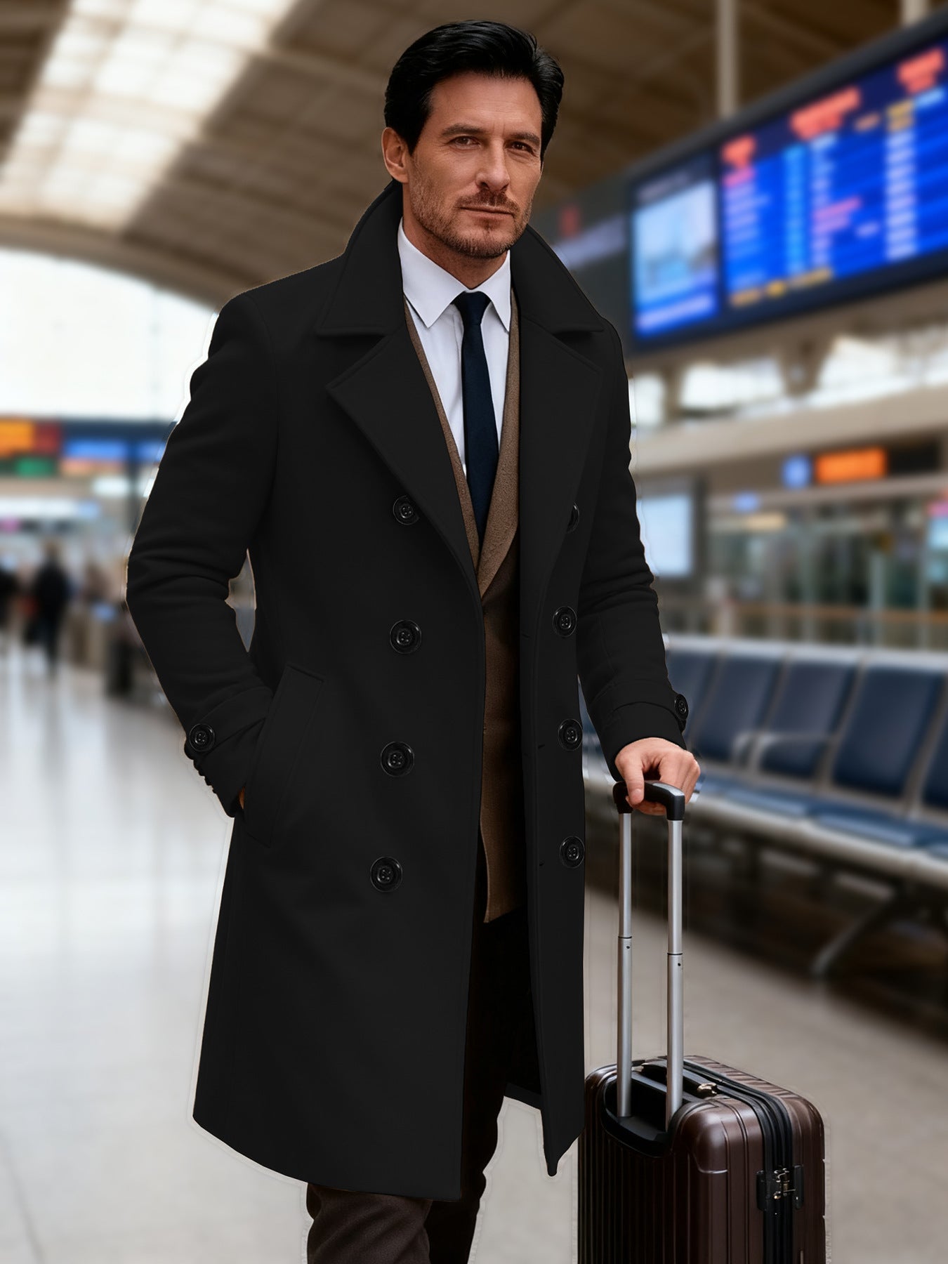 Herren Mantel Elegant Doppeltunnel Modisch Schwarz