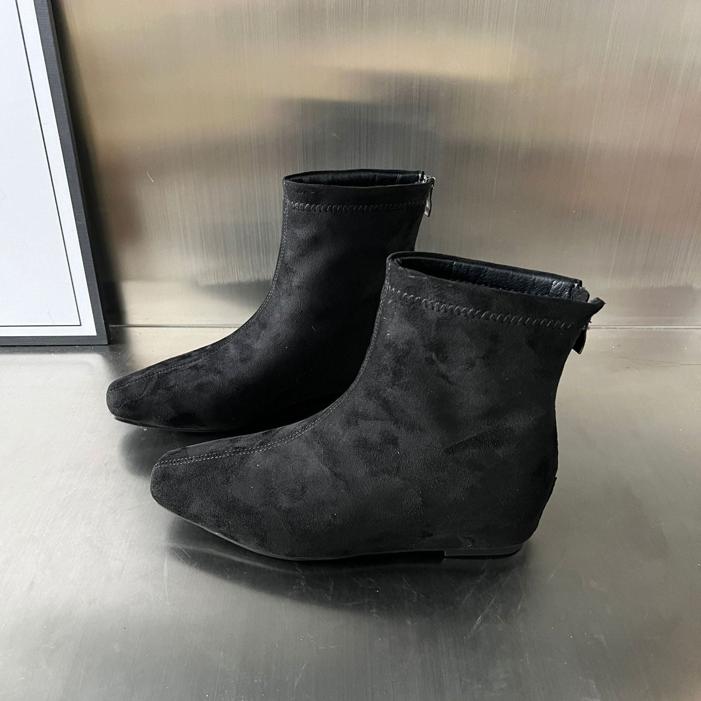 Damen Ankle Boots Wildleder Reißverschluss Schwarz Stiefel