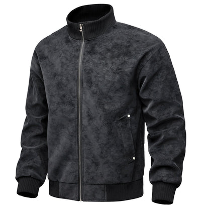 Herren Lederjacke Sportlich Elegant mit Stehkragen und Taschen