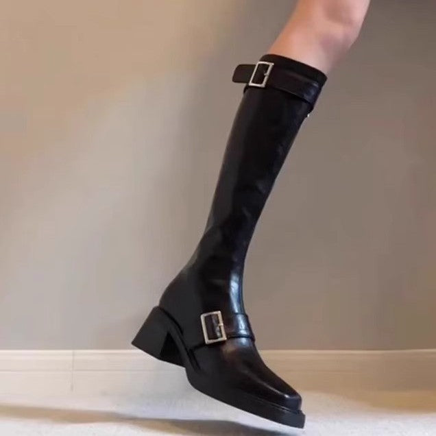Damen Stiefel Elegant Schnallenverschluss Blockabsatz