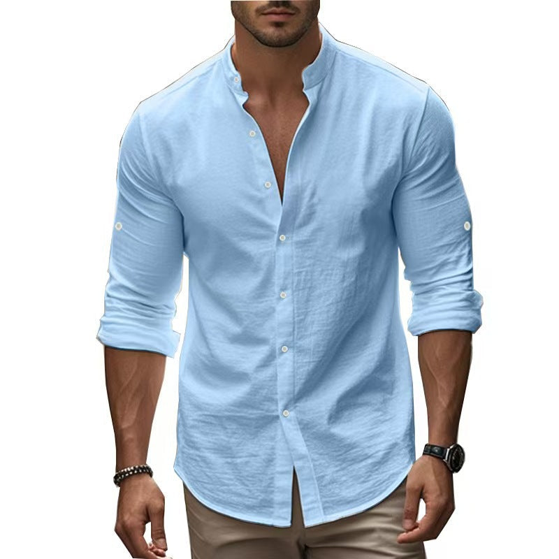 Herren Leinenhemd Langarm Mandarin Kragen Elegant