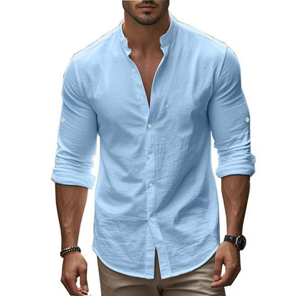 Herren Leinenhemd Langarm Mandarin Kragen Elegant