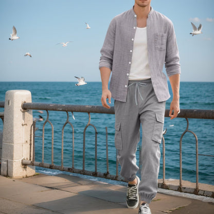 Herren Leinen-Set Hemd Cargo-Hose Sommer Modern