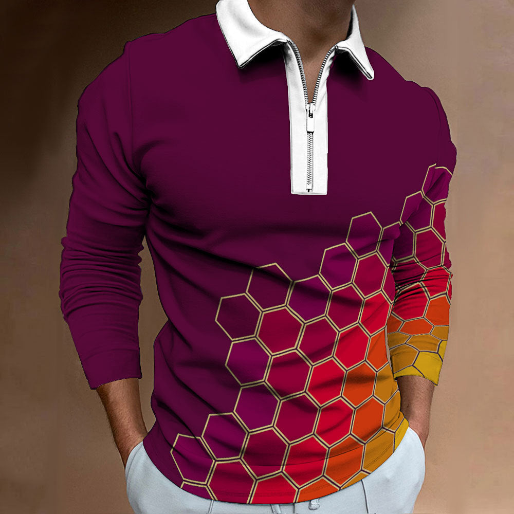 Herren Polo-Shirt Modern Wabenmuster Kontrast Reißverschluss