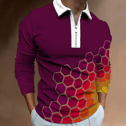 Herren Polo-Shirt Modern Wabenmuster Kontrast Reißverschluss