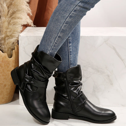Damen Stiefeletten Modisch Falten Design Schleifenverschluss