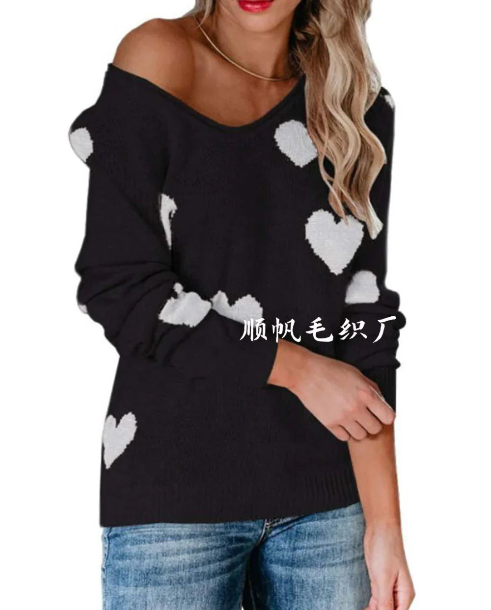 Weihnachtspullover Damen Herzmuster Rot Festlich