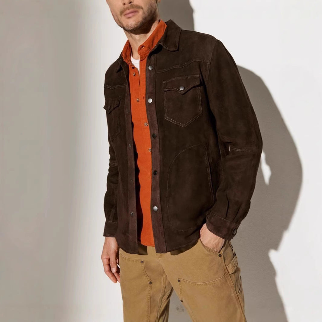 Lederjacke Herren Elegant Wildleder mit Taschen Schwarz
