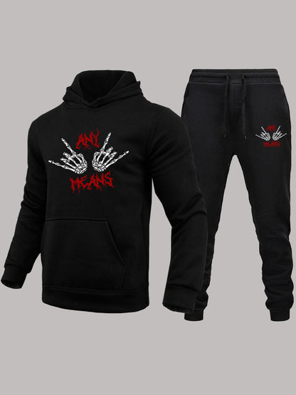 Herren Hoodie Set mit Skelett Motiv Jogginghose Grau