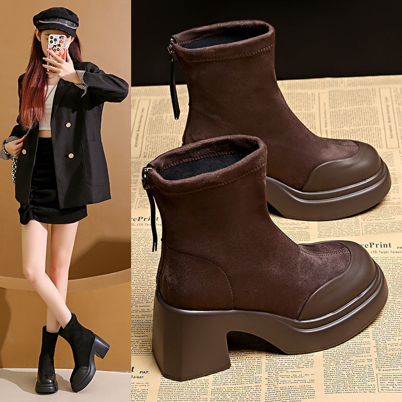 Damen Stiefel High Heels Blockabsatz Reißverschluss Schuhe - BerlinGlamour