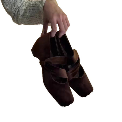Damen Ballerinas Elegante Veloursleder Schuhe Mit Kreuzriemen