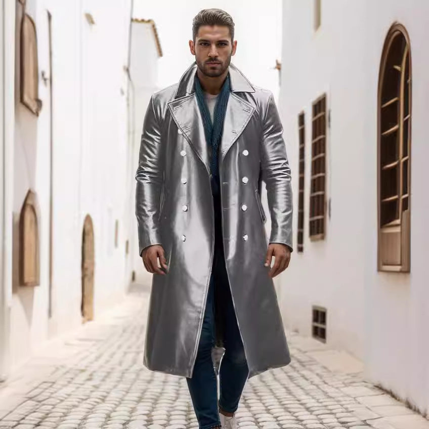 Eleganter Herren Ledermantel Modern Schwarz