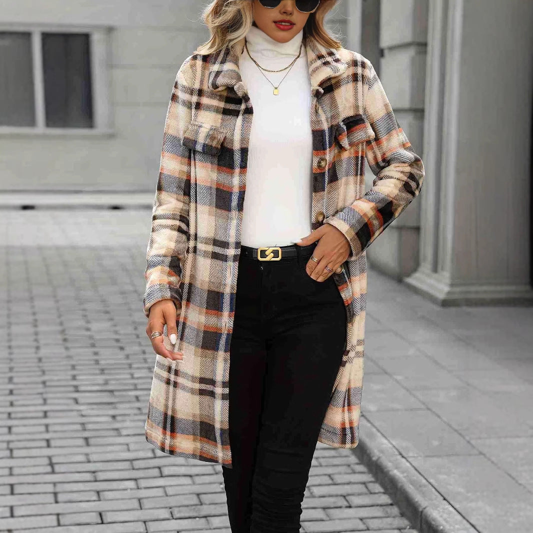 Damen Wintermantel Karierter Oversized mit Taschen und Knöpfen