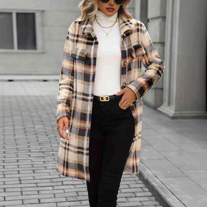 Damen Wintermantel Karierter Oversized mit Taschen und Knöpfen