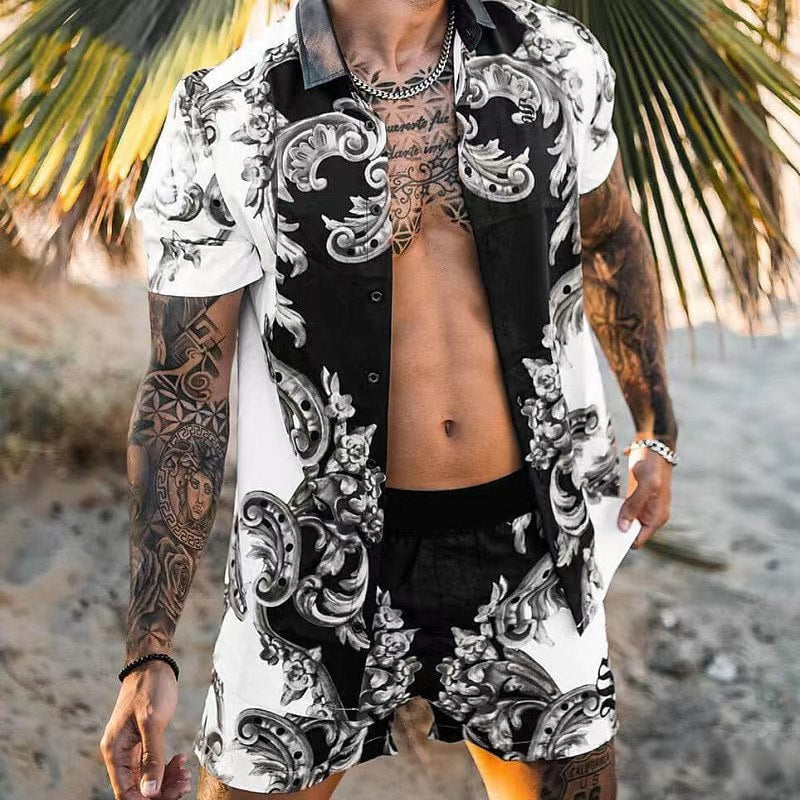 Herren Hemd Kurzarm Barock Muster Elegante Bluse - BerlinGlamour