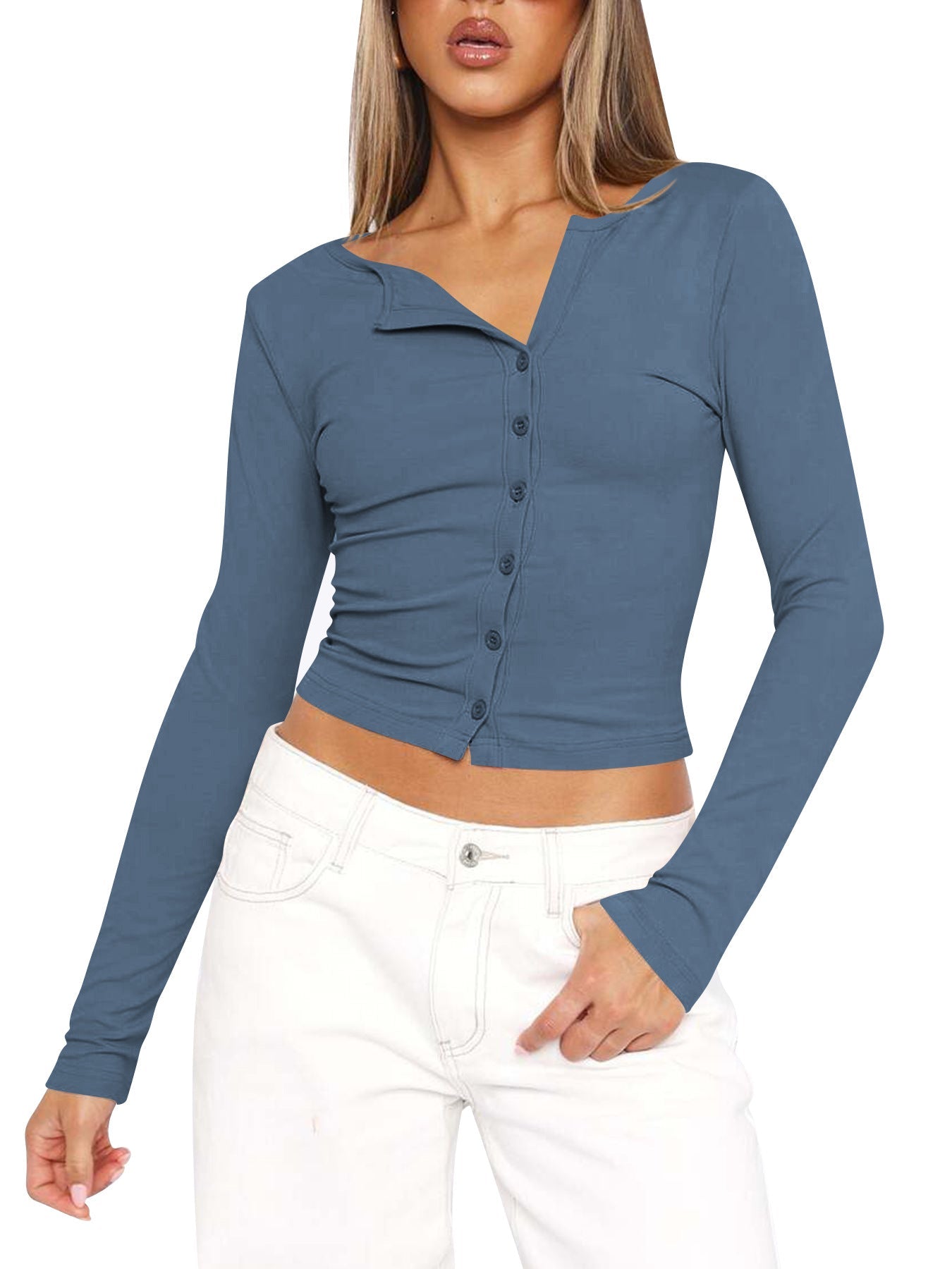 Damen Langarmshirt Figurbetont V-Ausschnitt Elegant