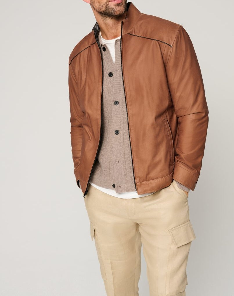Lederjacke Herren Elegant Stehkragen Reißverschluss Taschen Schwarz