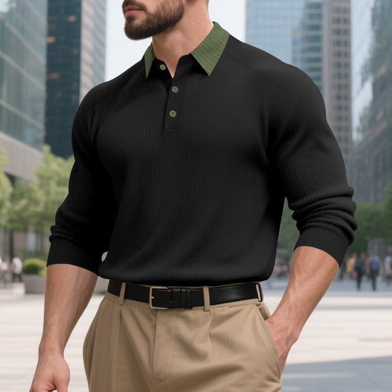Herren Langarm T-Shirt Strukturiert Moderner Kragen