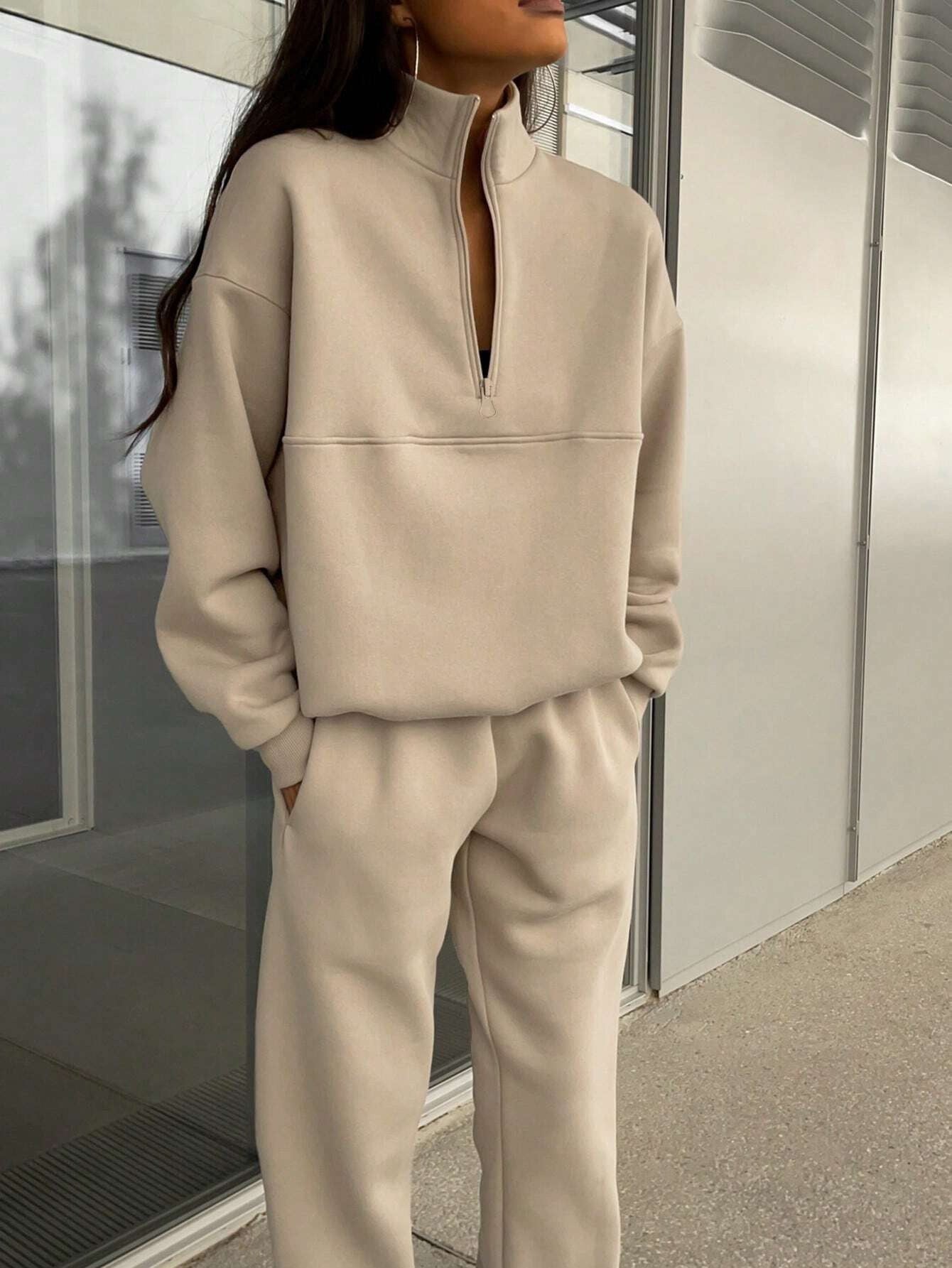 Damen Pullover Oversized Bequem Langarm Mit Halbem Reißverschluss