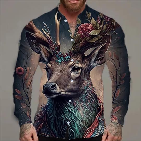Herren Langarmhemd Tiermotiv Blumen Design Modern