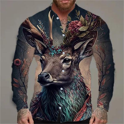 Herren Langarmhemd Tiermotiv Blumen Design Modern