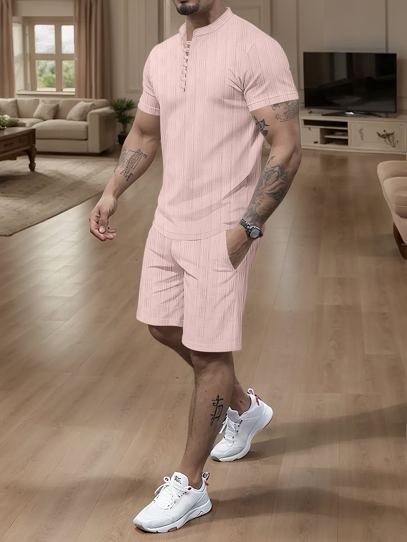 Herren Jumpsuit Kurzarm Modern mit Stehkragen