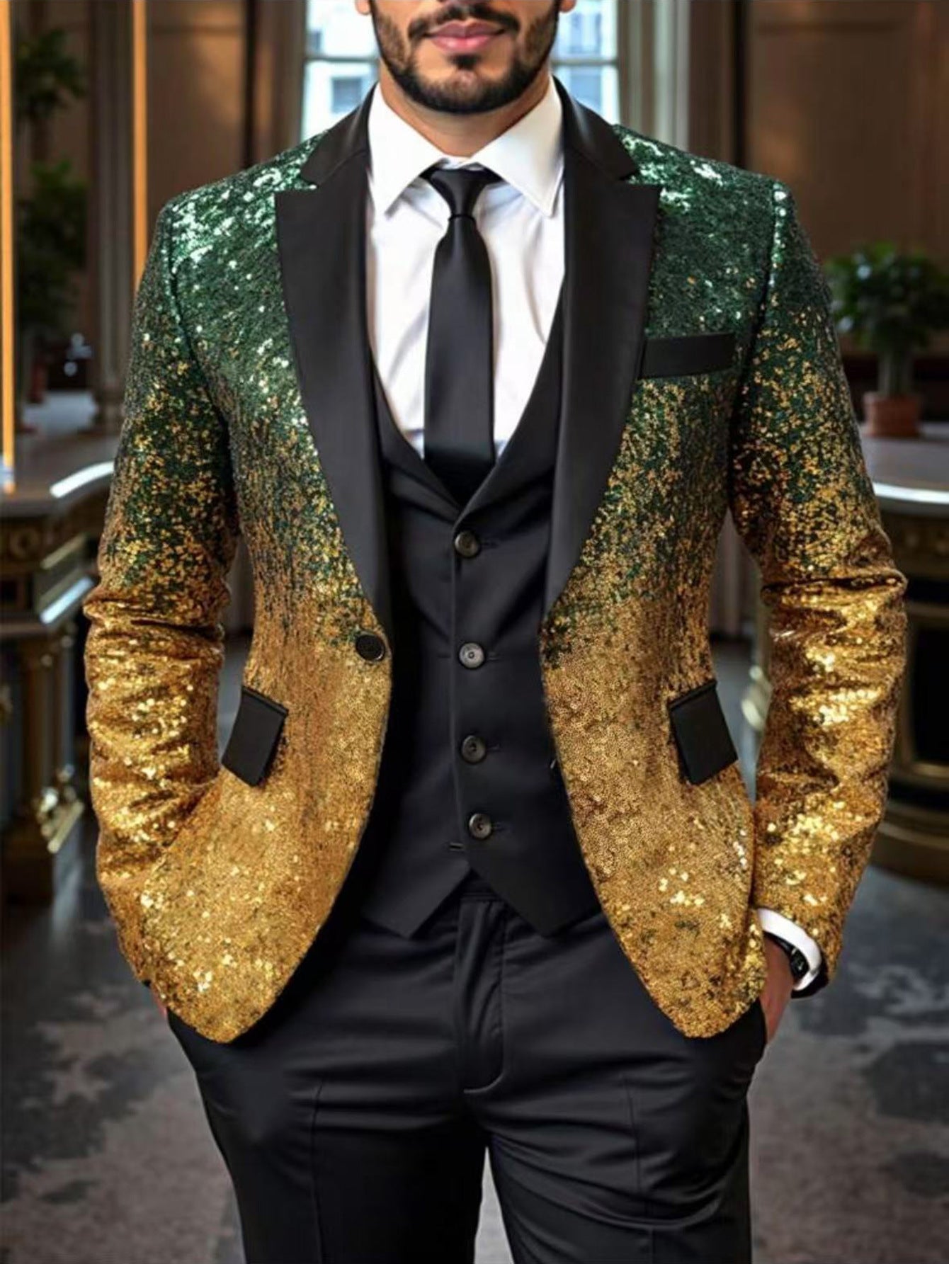 Herren Blazer Pailletten Elegant Modern Schwarzer Anzug
