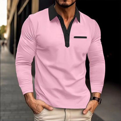 Herren Poloshirt Langarm Modern Kontrastkragen Slimfit
