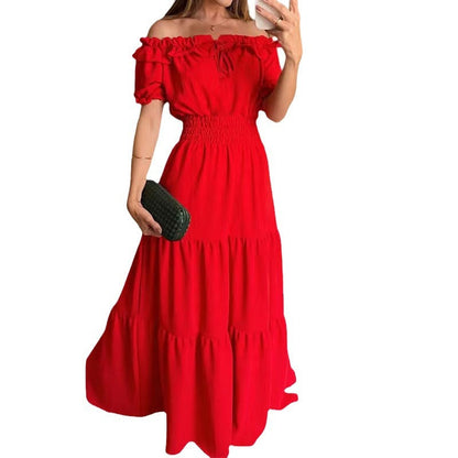 Damen Maxikleid Schulterfrei Rüschenkleid Sommer