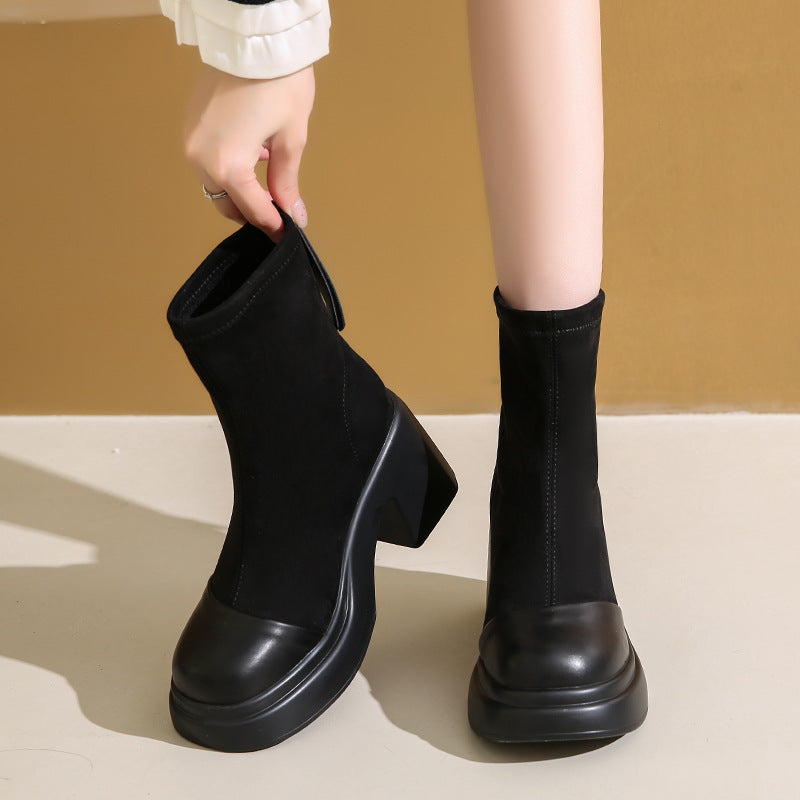 Damen Stiefeletten Blockabsatz Elastisch Modisch