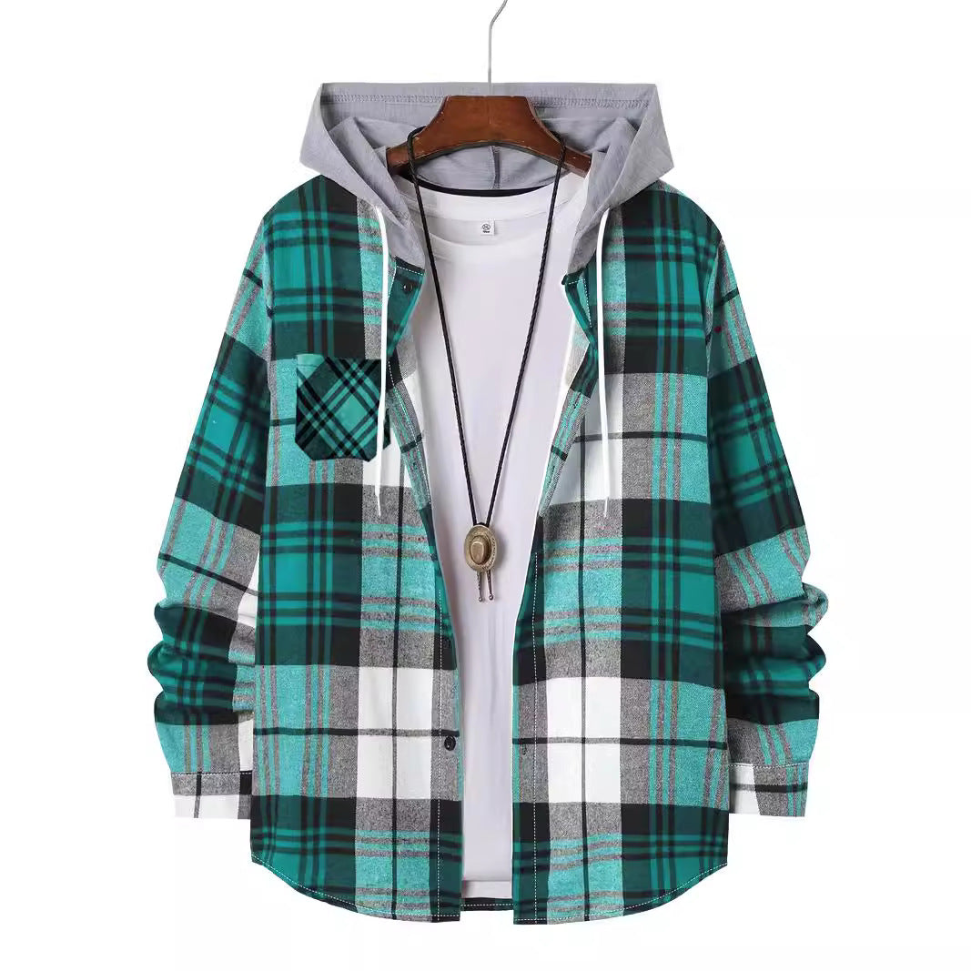 Herren Flanellhemd Karo Kapuze Modern