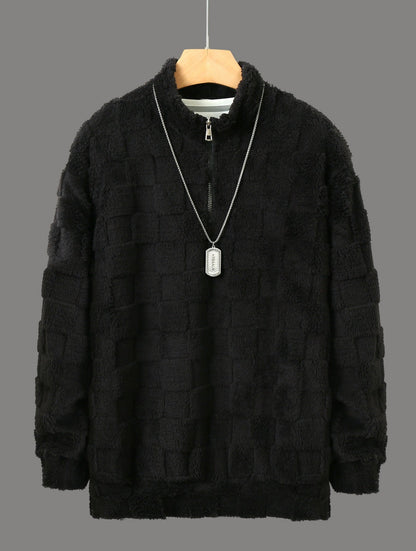 BerlinGlamour, herren kuscheliger Fleece-Pullover mit Stehkragen und Reißverschluss.