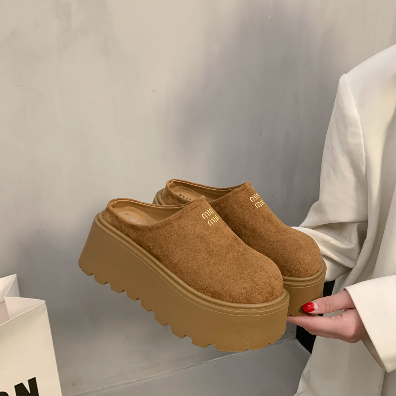 Damen Clogs Hohe Plattform Veloursleder Elegant