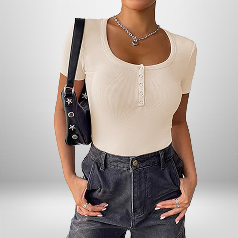 Damen Bodysuit Kurzarm Figurformend Mit Knöpfen
