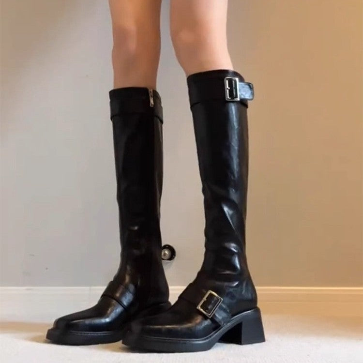 Damen Stiefel Elegant Schnallenverschluss Blockabsatz