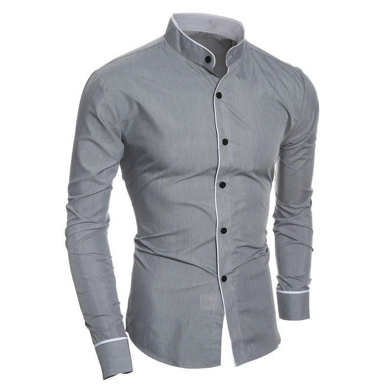 Herren Langarmhemd Modern Stehkragen Kontrastnähte Elegant