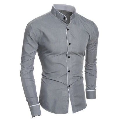 Herren Langarmhemd Modern Stehkragen Kontrastnähte Elegant