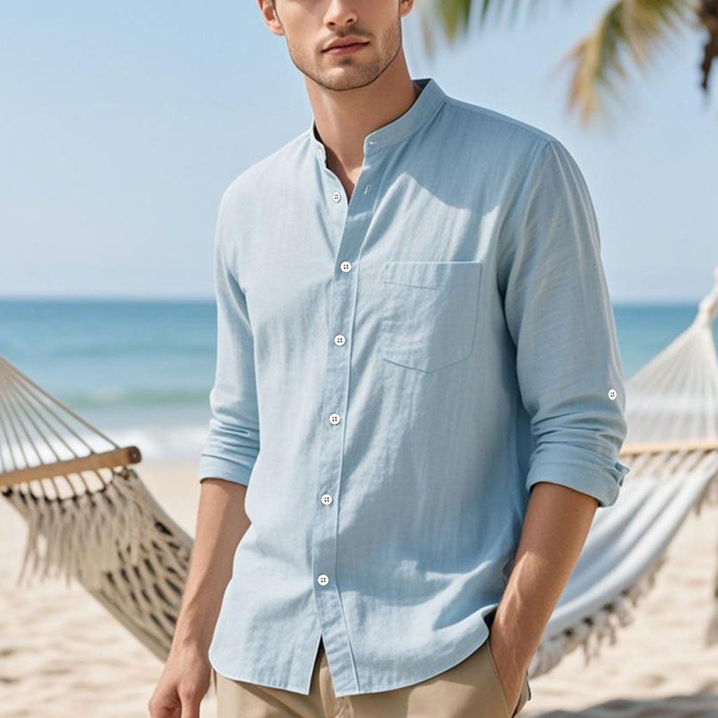 Herren Hemd Henley Stil Strukturiert Baumwolle Elegant