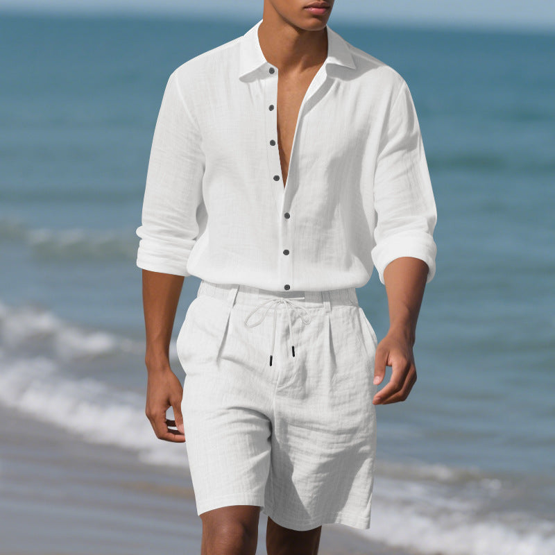 Herren Leinenhemd mit Henley Kragen und Brusttasche Sommer
