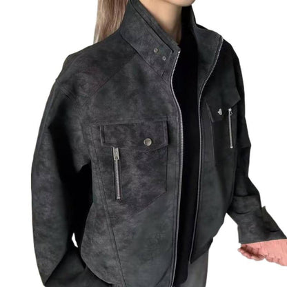 Herren Lederjacke Modern mit Taschen Kunstleder Schwarz