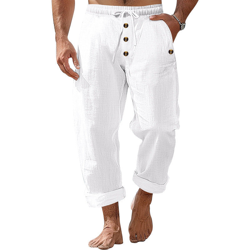 Herren Leinenhose Lässig Knopf Details Beige Sommerhose