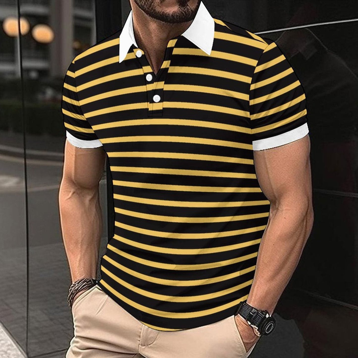 Herren Polo-Shirt Streifenmuster Marineblau Kontrastkragen - BerlinGlamour