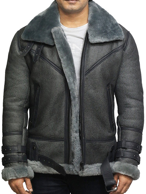 Leder-Bikerjacke Herren Lammfell-Innenfutter Luxus Teddy-Futter