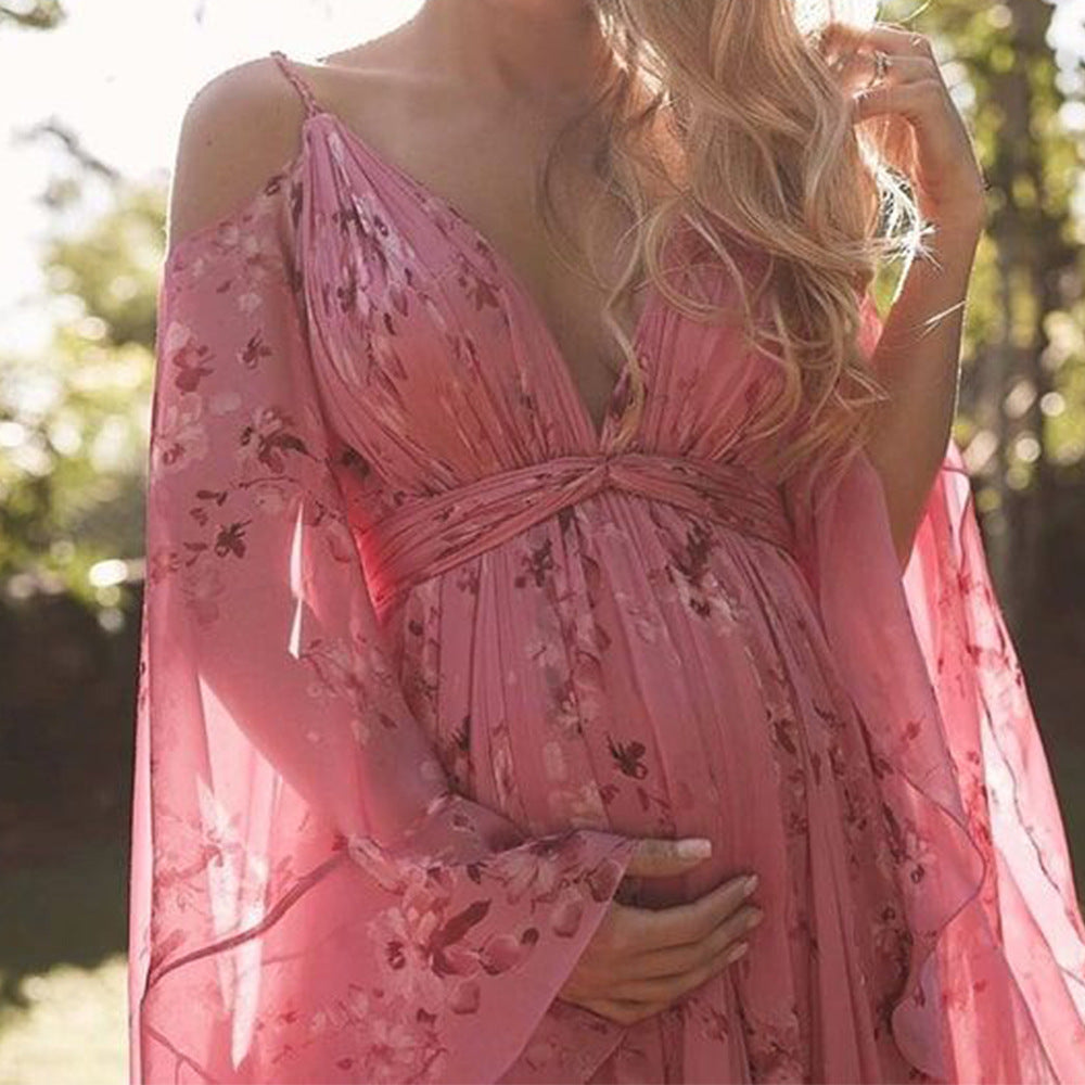 Damen Maxikleid Lang Ärmig Florales Muster Sommerkleid