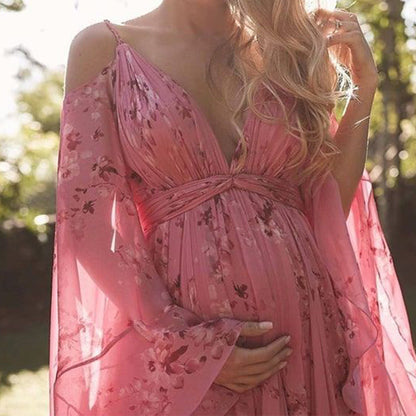 Damen Maxikleid Lang Ärmig Florales Muster Sommerkleid