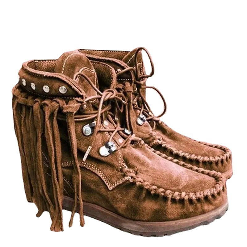 Damen Stiefel Mokassin Fransen Design Handmade Lederschuhe